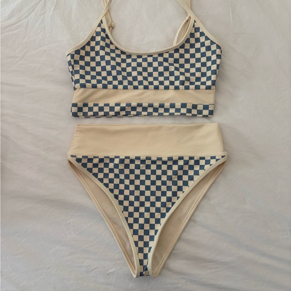 BEACH RIOT Checkered Bikini Set in Blue and Cream NWOT - Picture 1 of 3